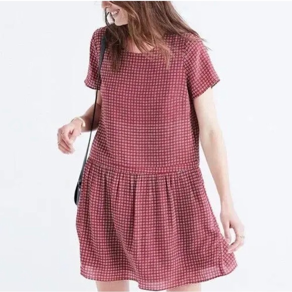Madewell Silk Short Sleeve Lined Ascot Tile Burgundy Drop Waist Dress Size 4